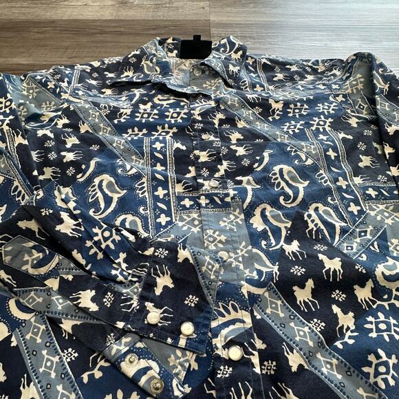 Roughrider By Circle Paisley Horses Pearl Snap Blue White Womens S Western Shirt - Picture 2 of 7
